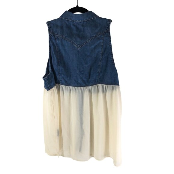 Guess Womens Top Chambray Chiffon Sheer Sleeveless Button Front Blue Ivory L - Picture 2 of 3